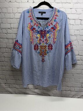 Caleaas Blue & White Pinstripe Tunic with Multicolor Embroidery Sz 1X